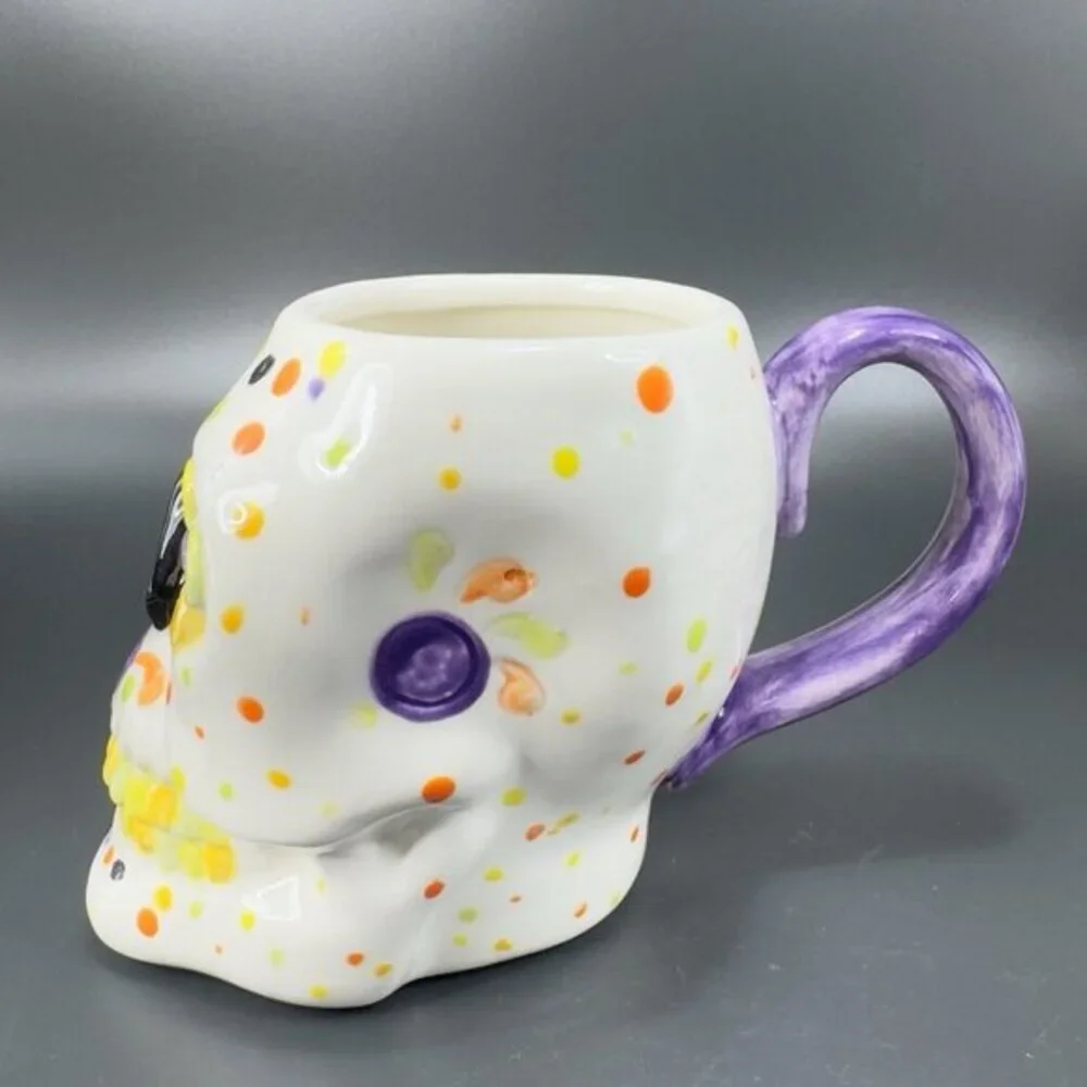 Hand Painted Skull Shaped Large Ceramic Mug Cup‎ Artist Signed Day Of The Dead